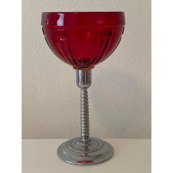 3 Vintage Ruby Red Glass Wine Goblet Glass Chrome Stem Replacement - Picture 3 of 9